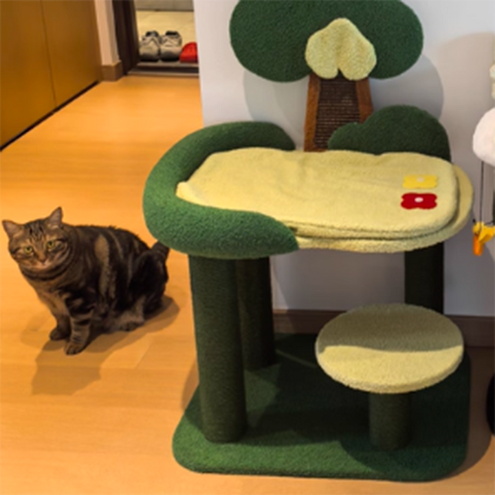 Contemporary Creative Rectangular Particleboard Sisal Velvet Fabric Cardboard Tree-Design Cat Tree 1/3-Tier For Living Room