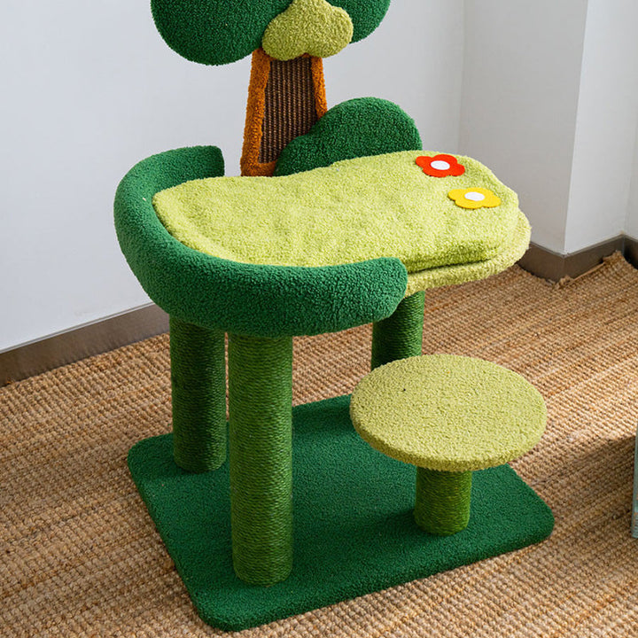 Contemporary Creative Rectangular Particleboard Sisal Velvet Fabric Cardboard Tree-Design Cat Tree 1/3-Tier For Living Room
