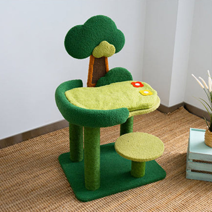 Contemporary Creative Rectangular Particleboard Sisal Velvet Fabric Cardboard Tree-Design Cat Tree 1/3-Tier For Living Room