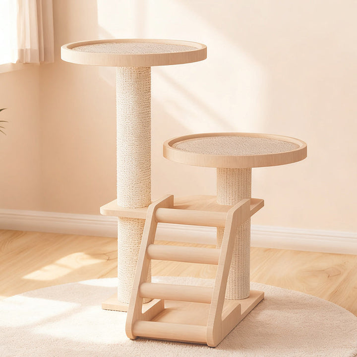 Contemporary Scandinavian Round Rubberwood Solid Wood Sisal No-Assembly Cat Tree For Living Room