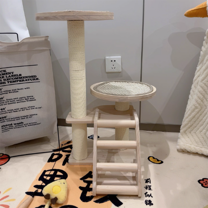 Contemporary Scandinavian Round Rubberwood Solid Wood Sisal No-Assembly Cat Tree For Living Room