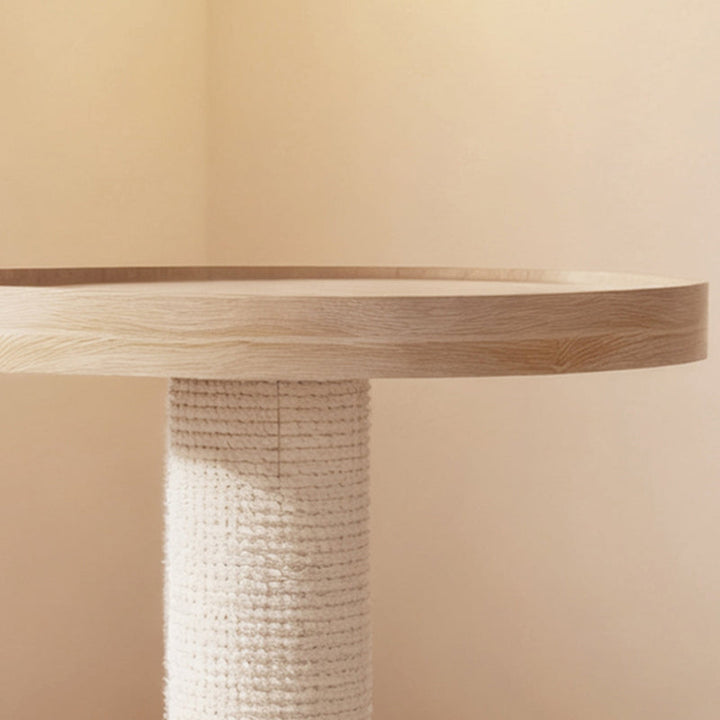 Contemporary Scandinavian Round Rubberwood Solid Wood Sisal No-Assembly Cat Tree For Living Room