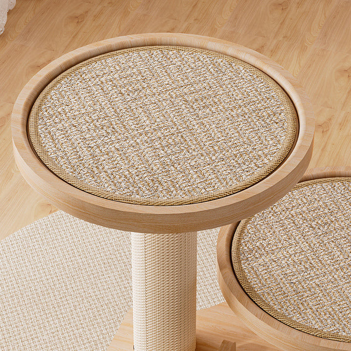 Contemporary Scandinavian Round Rubberwood Solid Wood Sisal No-Assembly Cat Tree For Living Room