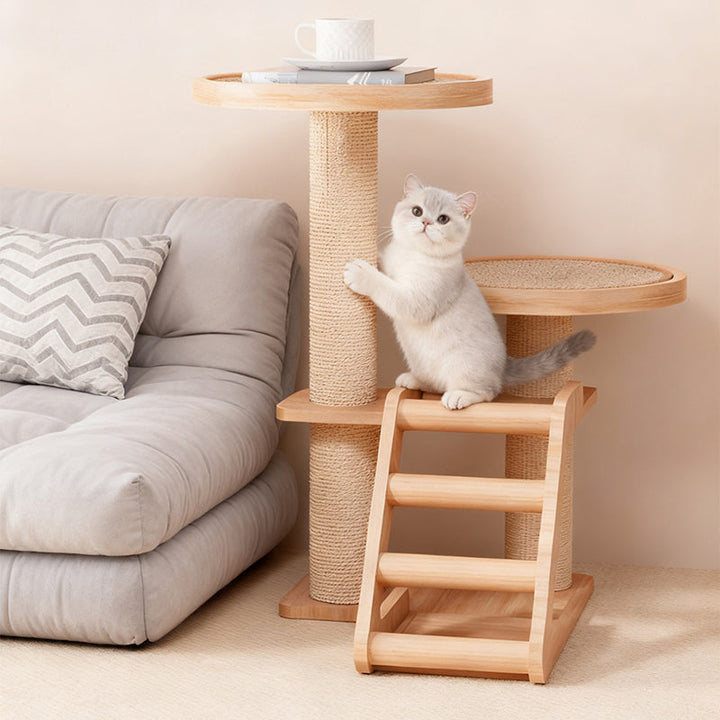 Contemporary Scandinavian Round Rubberwood Solid Wood Sisal No-Assembly Cat Tree For Living Room