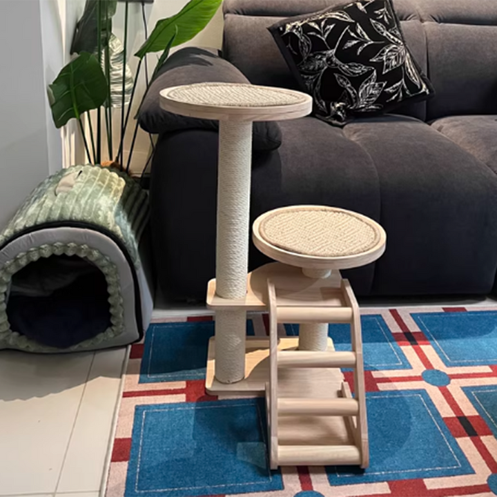 Contemporary Scandinavian Round Rubberwood Solid Wood Sisal No-Assembly Cat Tree For Living Room