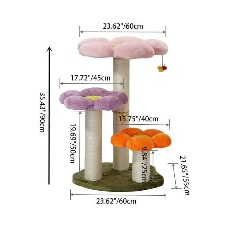 Contemporary Scandinavian Round Particleboard Kraft Paper Tube Sisal Velvet Fabric Floral Cat Tree 3-Tier For Living Room