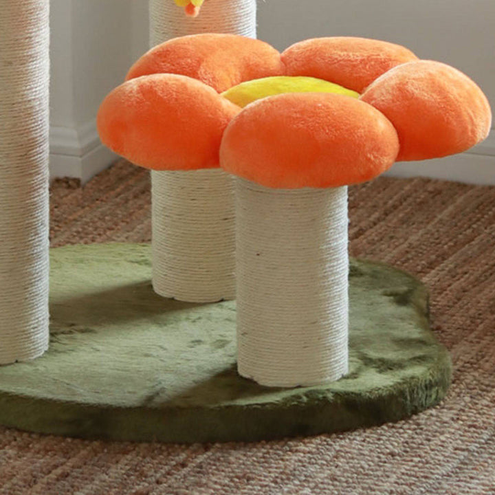 Contemporary Scandinavian Round Particleboard Kraft Paper Tube Sisal Velvet Fabric Floral Cat Tree 3-Tier For Living Room