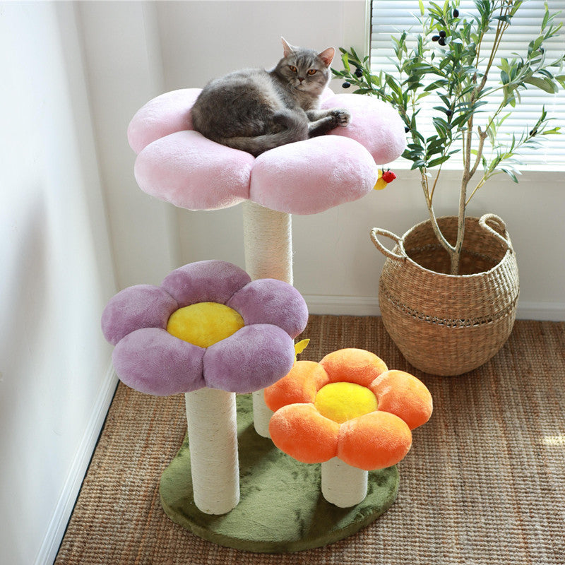 Contemporary Scandinavian Round Particleboard Kraft Paper Tube Sisal Velvet Fabric Floral Cat Tree 3-Tier For Living Room