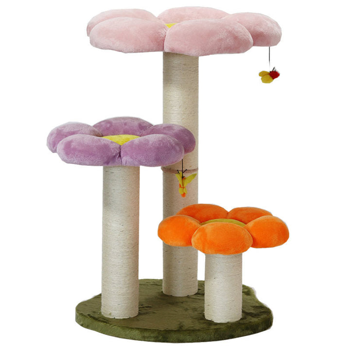Contemporary Scandinavian Round Particleboard Kraft Paper Tube Sisal Velvet Fabric Floral Cat Tree 3-Tier For Living Room