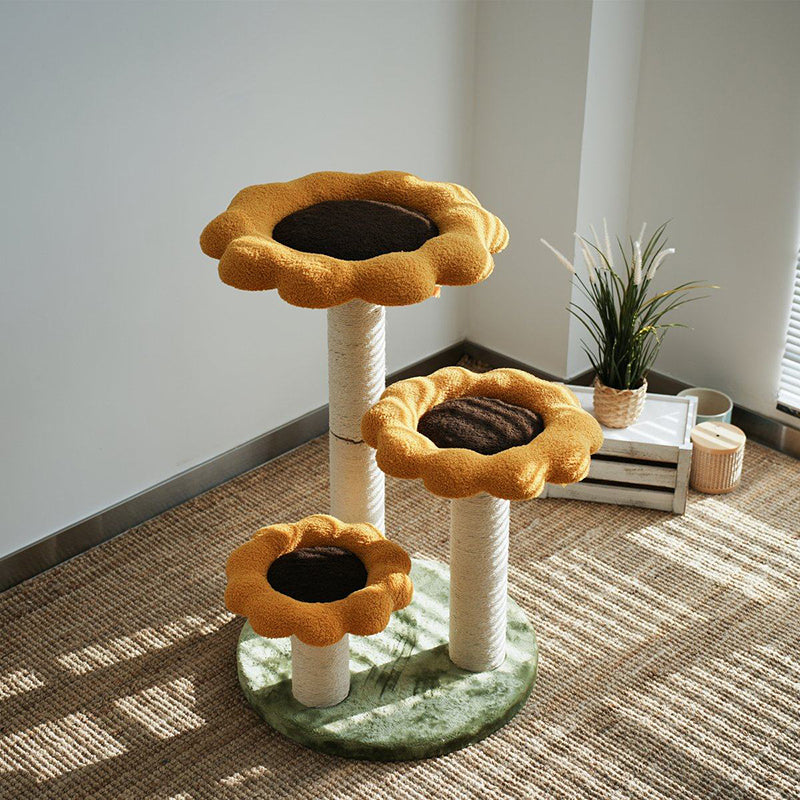 Contemporary Scandinavian Round Particleboard Kraft Paper Tube Sisal Velvet Fabric Floral Cat Tree 3-Tier For Living Room