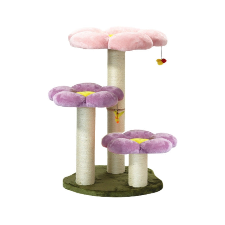 Contemporary Scandinavian Round Particleboard Kraft Paper Tube Sisal Velvet Fabric Floral Cat Tree 3-Tier For Living Room