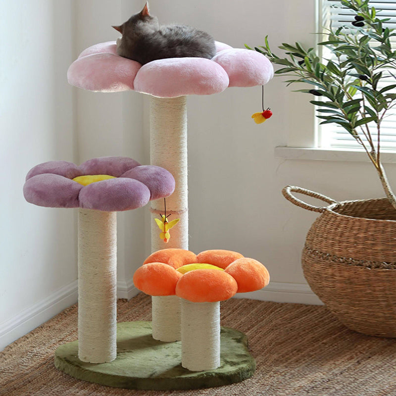 Contemporary Scandinavian Round Particleboard Kraft Paper Tube Sisal Velvet Fabric Floral Cat Tree 3-Tier For Living Room
