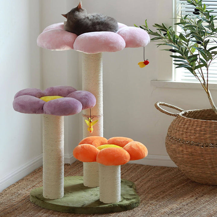 Contemporary Scandinavian Round Particleboard Kraft Paper Tube Sisal Velvet Fabric Floral Cat Tree 3-Tier For Living Room