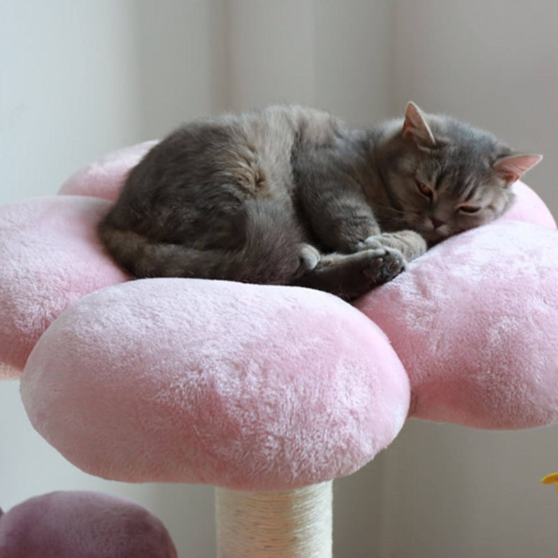 Contemporary Scandinavian Round Particleboard Kraft Paper Tube Sisal Velvet Fabric Floral Cat Tree 3-Tier For Living Room