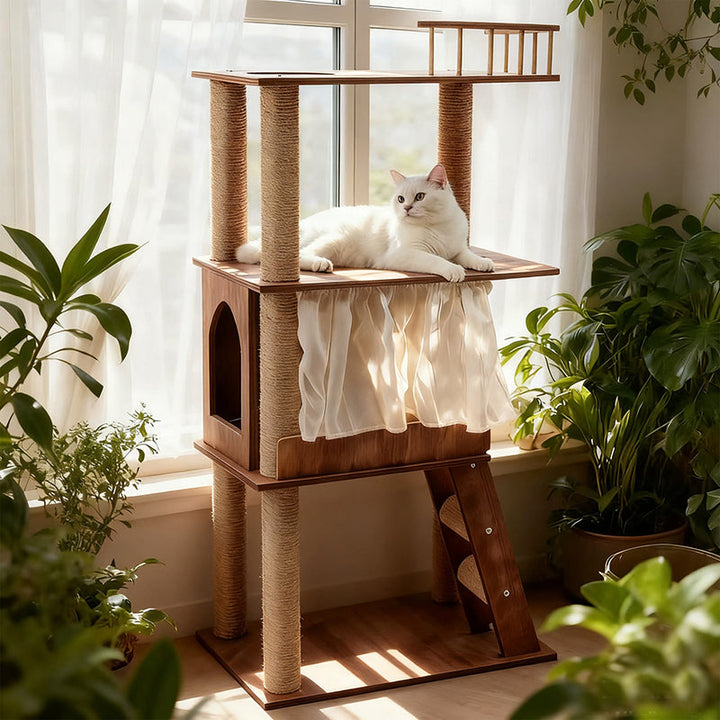 Contemporary Scandinavian Rectangular Pine Solid Wood Pillar Multi-Layer Solid Wood Panel Hemp Rope Cat Tree 4-Tier For Living Room