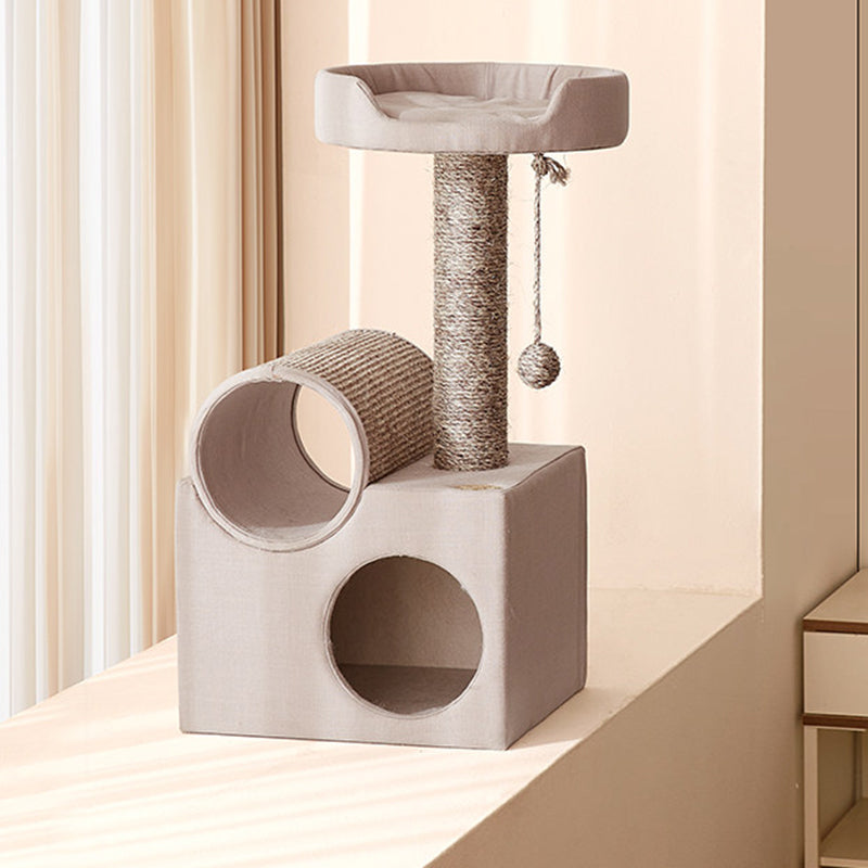 Contemporary Scandinavian Round Particleboard Velvet Fabric Sisal Paper Tube Cat Tree 3-Tier For Living Room