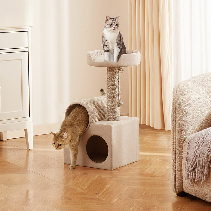 Contemporary Scandinavian Round Particleboard Velvet Fabric Sisal Paper Tube Cat Tree 3-Tier For Living Room