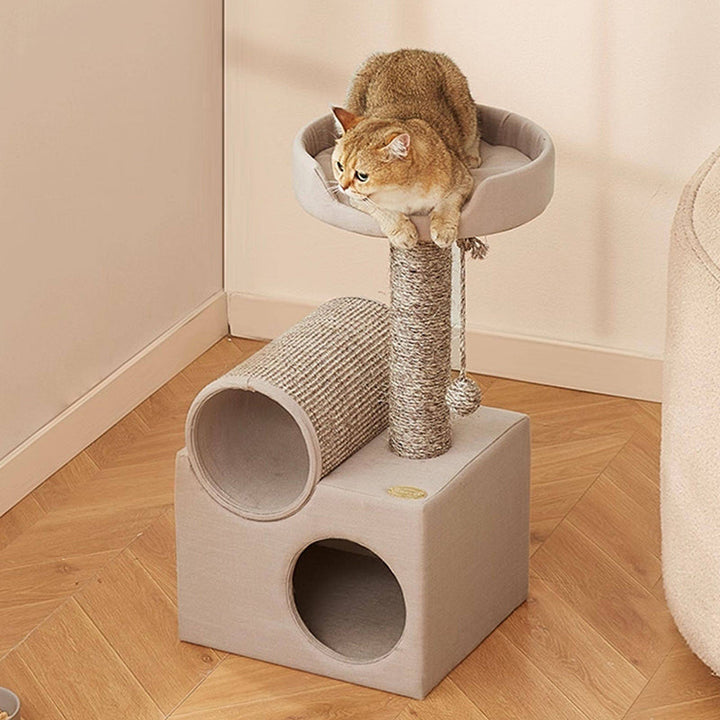 Contemporary Scandinavian Round Particleboard Velvet Fabric Sisal Paper Tube Cat Tree 3-Tier For Living Room