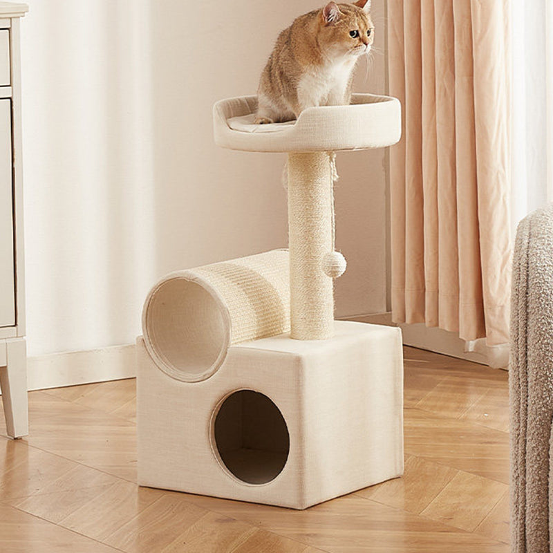 Contemporary Scandinavian Round Particleboard Velvet Fabric Sisal Paper Tube Cat Tree 3-Tier For Living Room