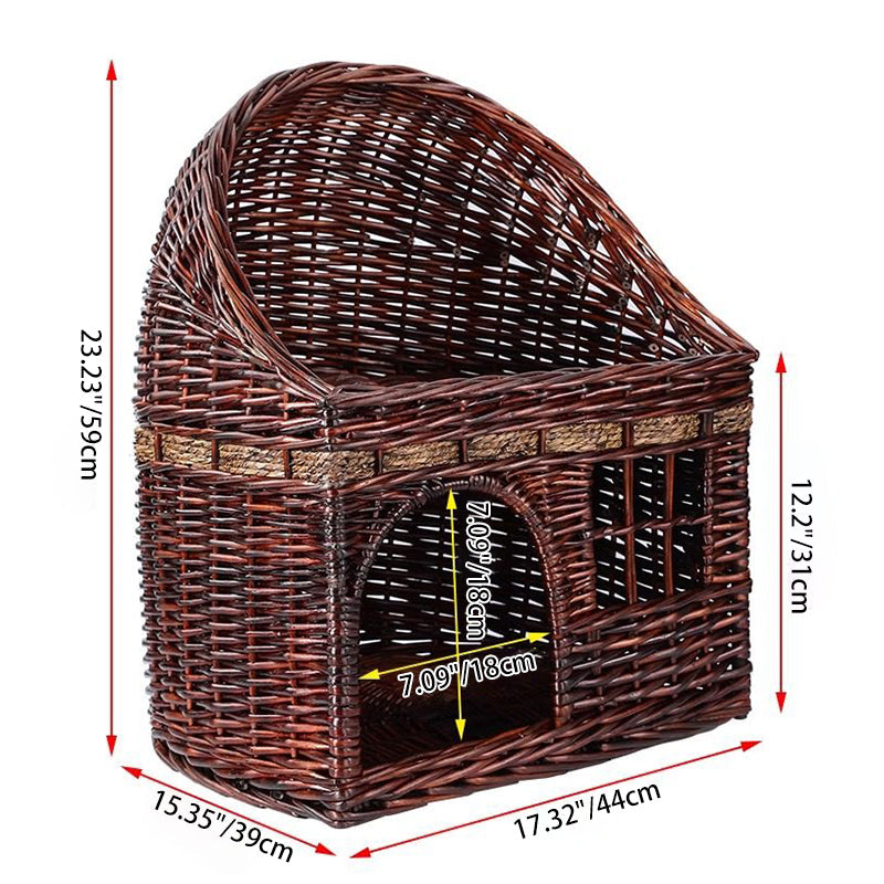 Traditional Farmhouse Half-Round Willow Hemp Rope Handwoven Cat Bed 2-Tier For Bedroom