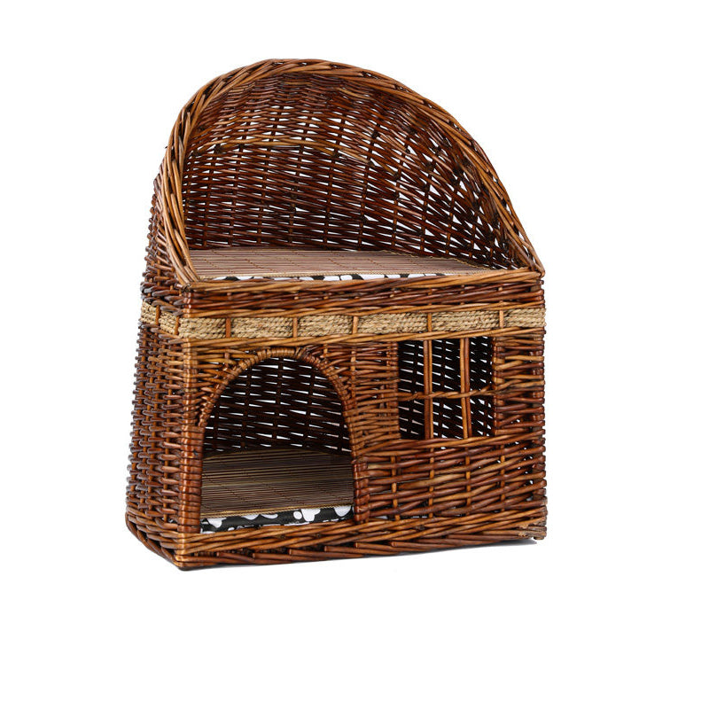 Traditional Farmhouse Half-Round Willow Hemp Rope Handwoven Cat Bed 2-Tier For Bedroom