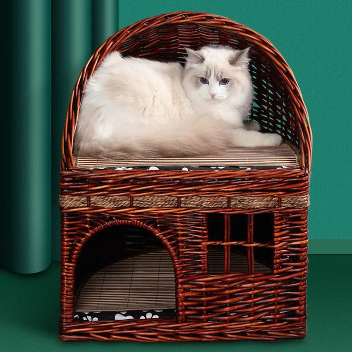 Traditional Farmhouse Half-Round Willow Hemp Rope Handwoven Cat Bed 2-Tier For Bedroom