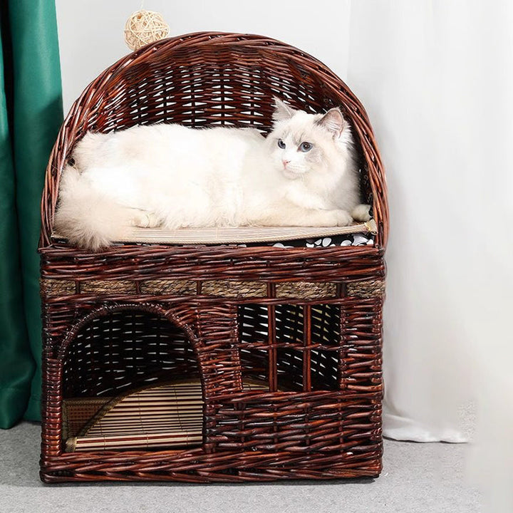 Traditional Farmhouse Half-Round Willow Hemp Rope Handwoven Cat Bed 2-Tier For Bedroom