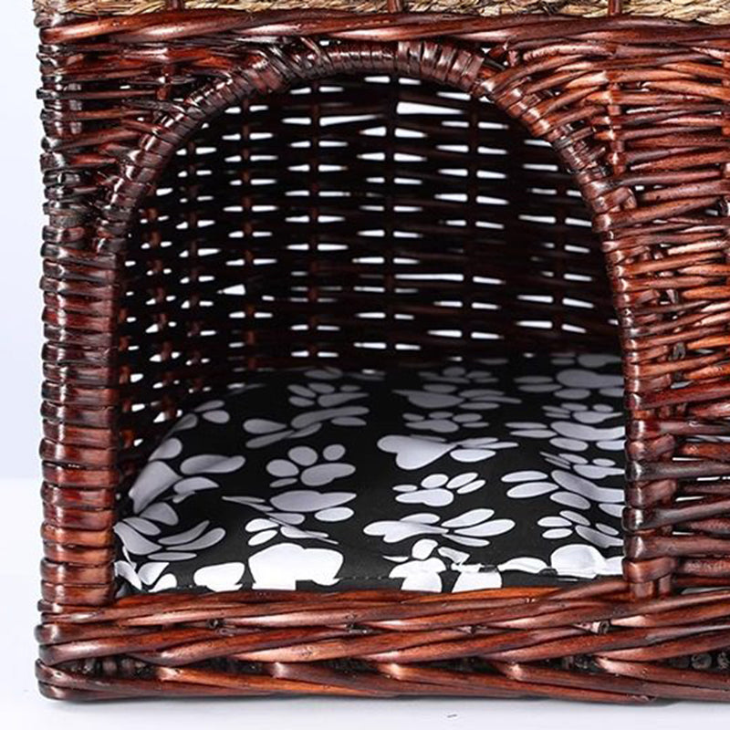 Traditional Farmhouse Half-Round Willow Hemp Rope Handwoven Cat Bed 2-Tier For Bedroom