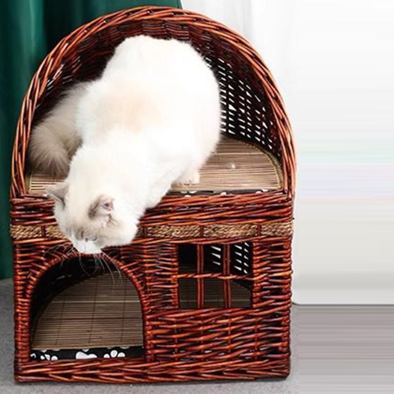 Traditional Farmhouse Half-Round Willow Hemp Rope Handwoven Cat Bed 2-Tier For Bedroom