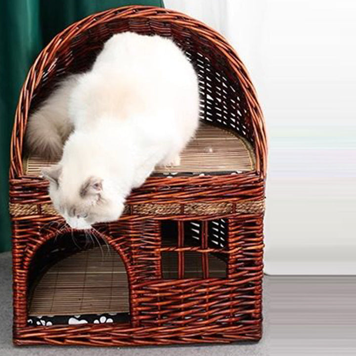 Traditional Farmhouse Half-Round Willow Hemp Rope Handwoven Cat Bed 2-Tier For Bedroom