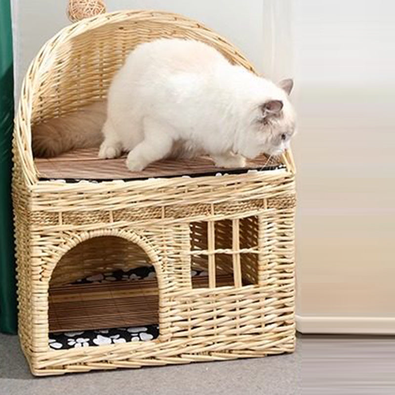 Traditional Farmhouse Half-Round Willow Hemp Rope Handwoven Cat Bed 2-Tier For Bedroom