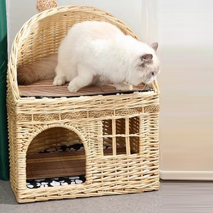 Traditional Farmhouse Half-Round Willow Hemp Rope Handwoven Cat Bed 2-Tier For Bedroom