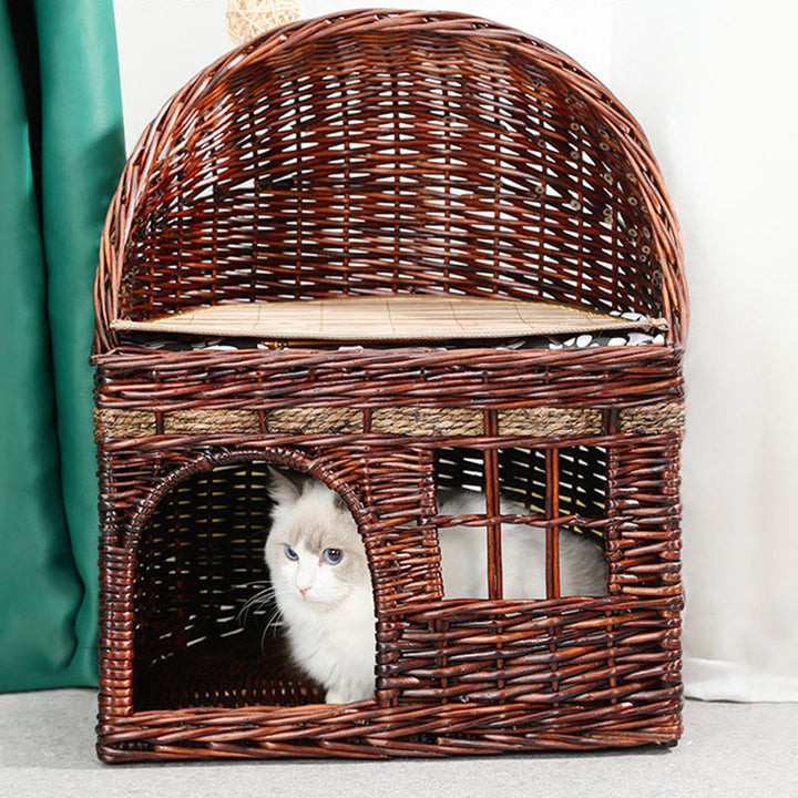 Traditional Farmhouse Half-Round Willow Hemp Rope Handwoven Cat Bed 2-Tier For Bedroom