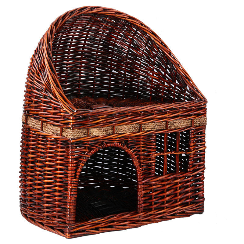 Traditional Farmhouse Half-Round Willow Hemp Rope Handwoven Cat Bed 2-Tier For Bedroom