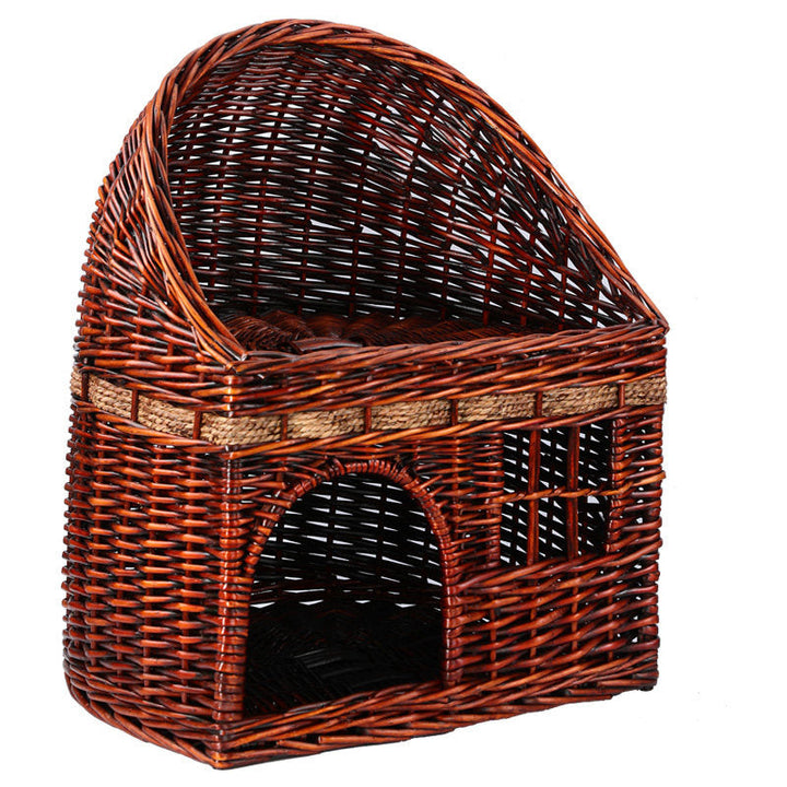 Traditional Farmhouse Half-Round Willow Hemp Rope Handwoven Cat Bed 2-Tier For Bedroom