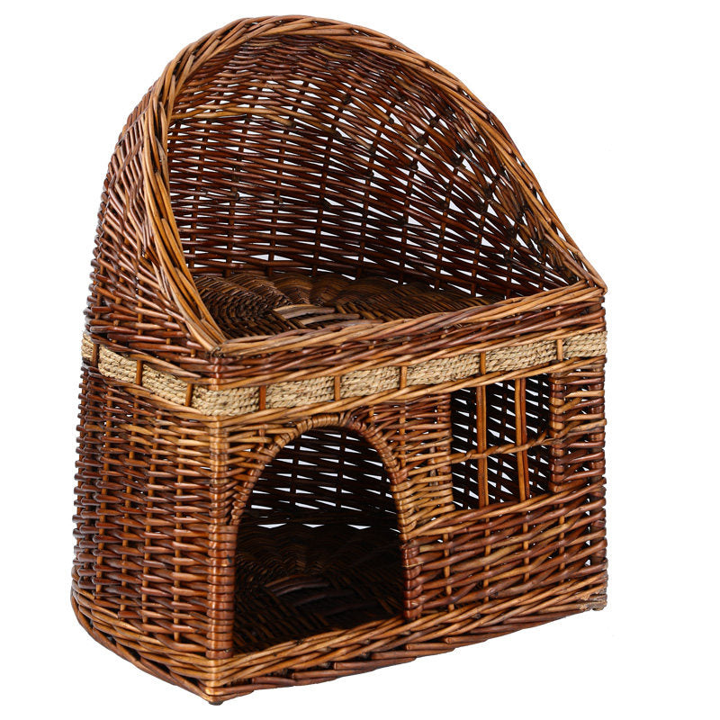 Traditional Farmhouse Half-Round Willow Hemp Rope Handwoven Cat Bed 2-Tier For Bedroom