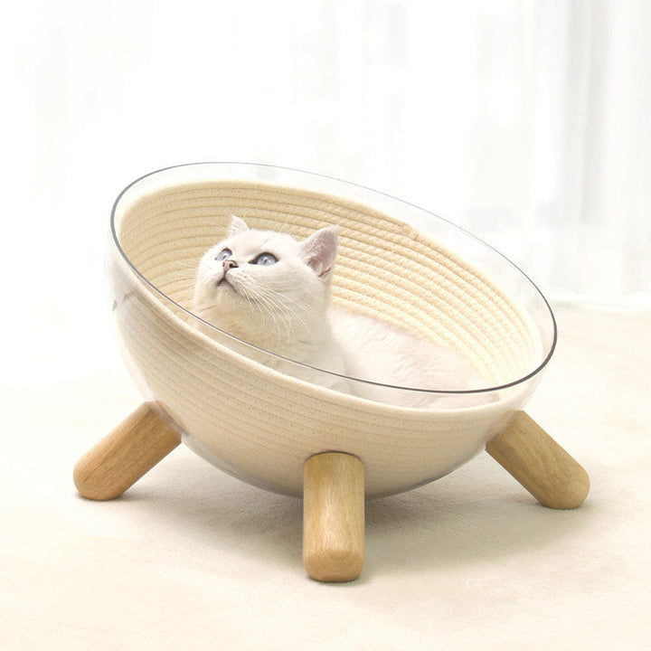 Contemporary Scandinavian Round Rubberwood PET Iron Clear Cat Bed For Bedroom