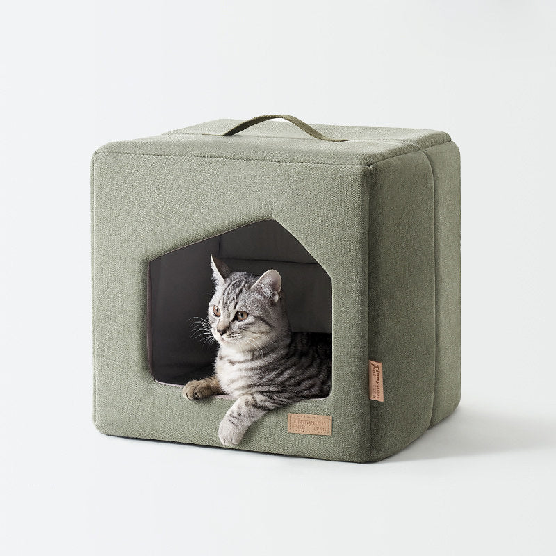Contemporary Scandinavian Square Linen Fabric Sponge Cat Bed For Living Room