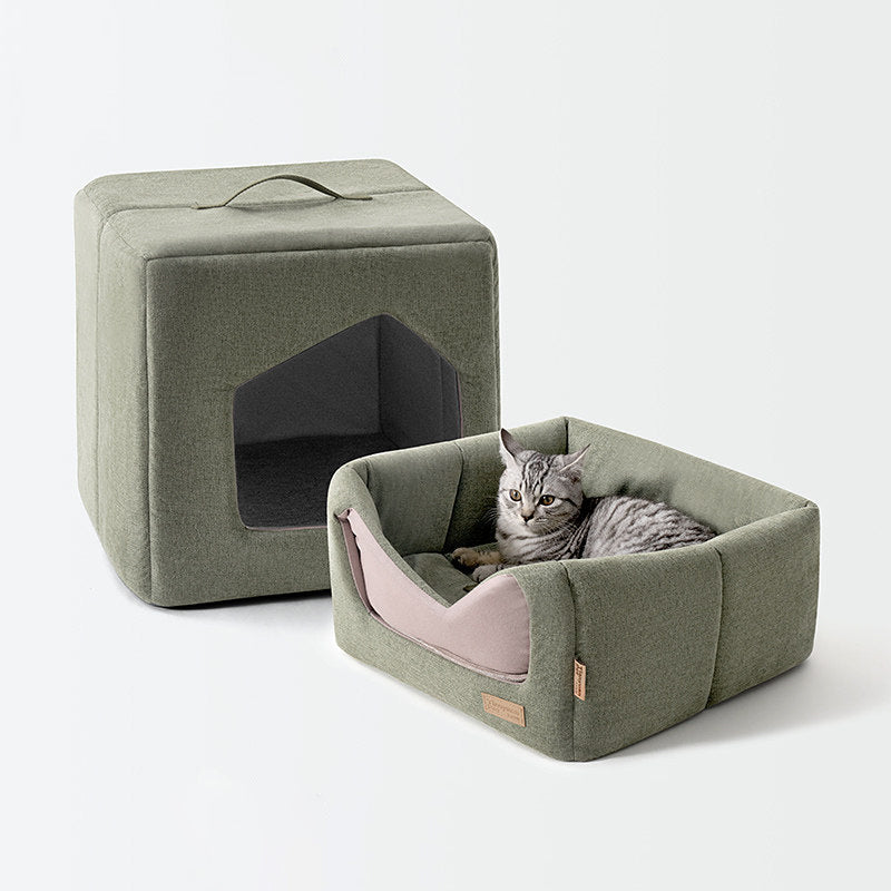Contemporary Scandinavian Square Linen Fabric Sponge Cat Bed For Living Room