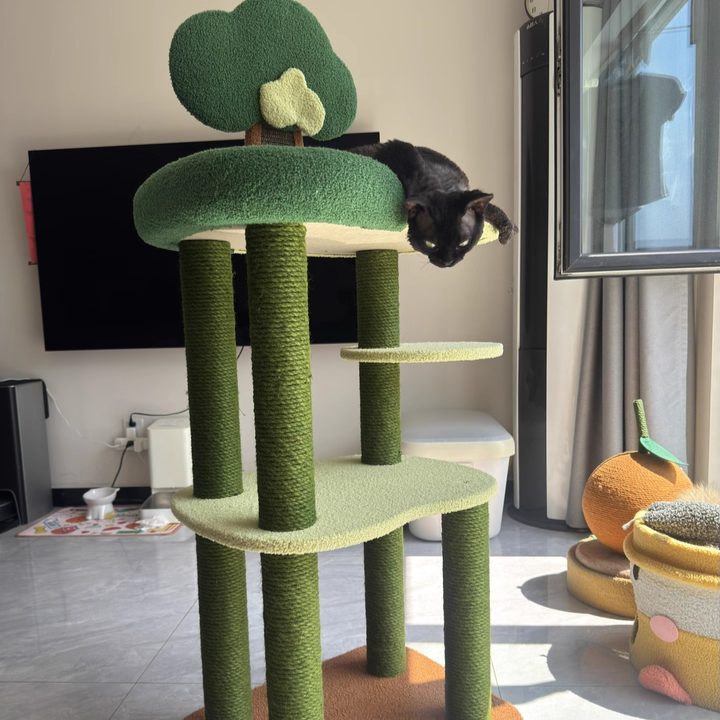 Contemporary Creative Rectangular Particleboard Cardboard Velvet Fabric Sisal Cat Tree 4-Tier For Living Room