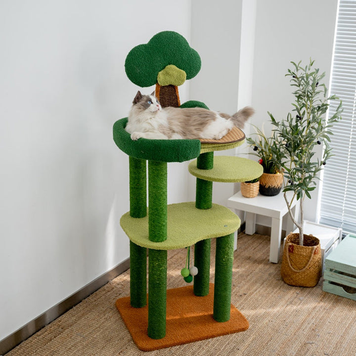 Contemporary Creative Rectangular Particleboard Cardboard Velvet Fabric Sisal Cat Tree 4-Tier For Living Room