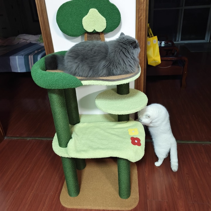 Contemporary Creative Rectangular Particleboard Cardboard Velvet Fabric Sisal Cat Tree 4-Tier For Living Room
