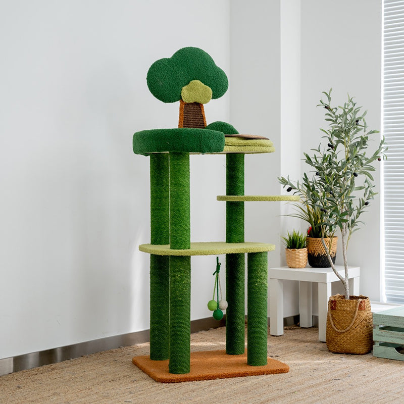 Contemporary Creative Rectangular Particleboard Cardboard Velvet Fabric Sisal Cat Tree 4-Tier For Living Room
