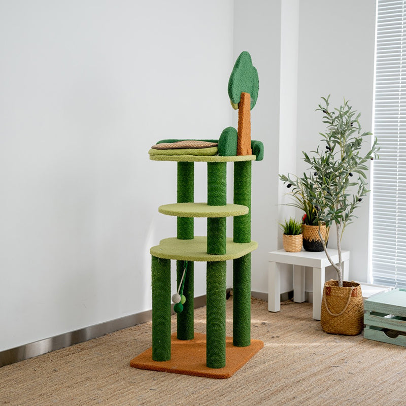 Contemporary Creative Rectangular Particleboard Cardboard Velvet Fabric Sisal Cat Tree 4-Tier For Living Room