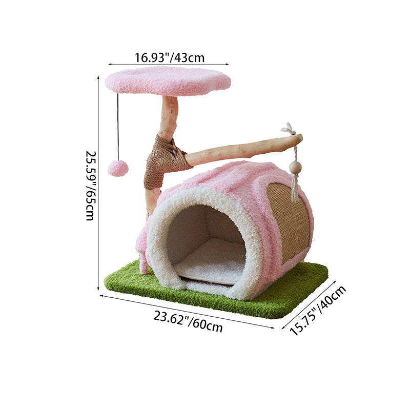 Contemporary Creative Round Multi-Layer Solid Wood Panel Natural Fruitwood Velvet Fabric Sisal Cat Tree 2-Tier For Living Room