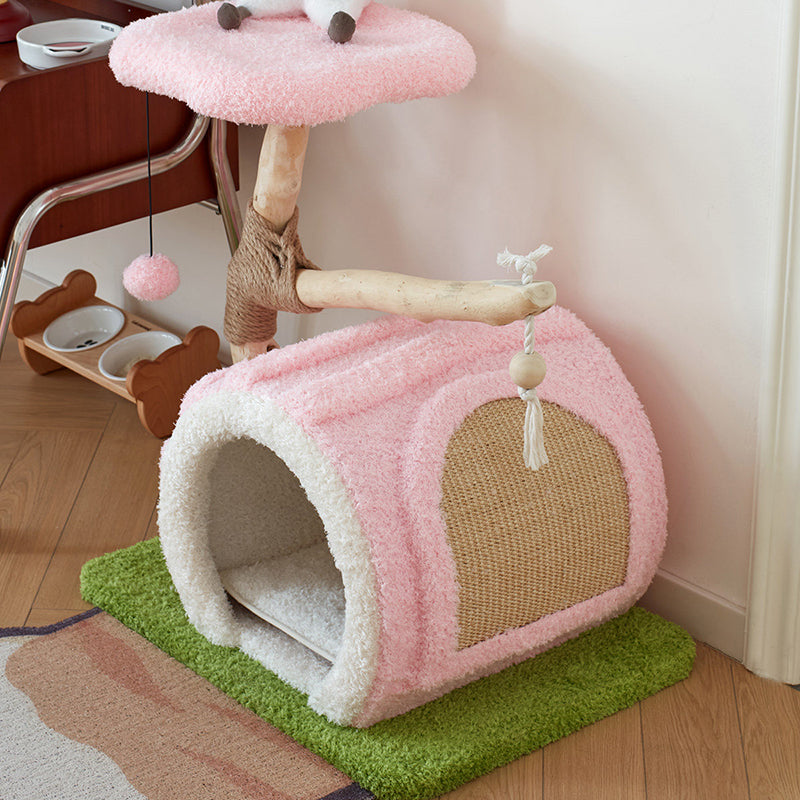 Contemporary Creative Round Multi-Layer Solid Wood Panel Natural Fruitwood Velvet Fabric Sisal Cat Tree 2-Tier For Living Room