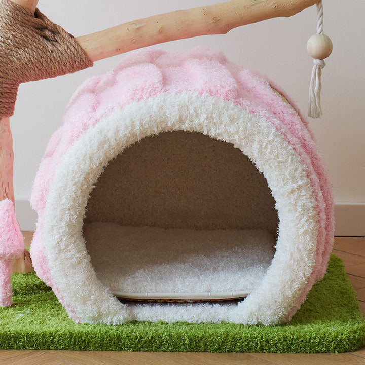 Contemporary Creative Round Multi-Layer Solid Wood Panel Natural Fruitwood Velvet Fabric Sisal Cat Tree 2-Tier For Living Room