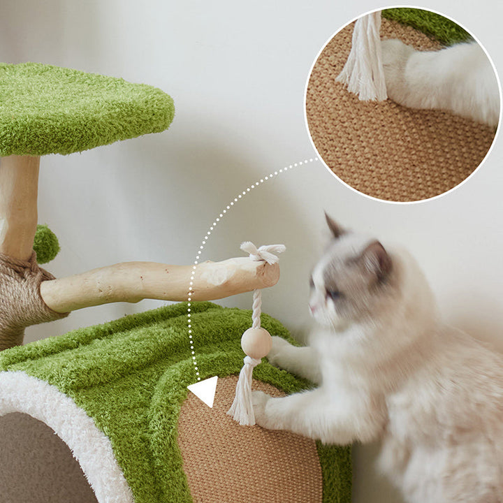 Contemporary Creative Round Multi-Layer Solid Wood Panel Natural Fruitwood Velvet Fabric Sisal Cat Tree 2-Tier For Living Room