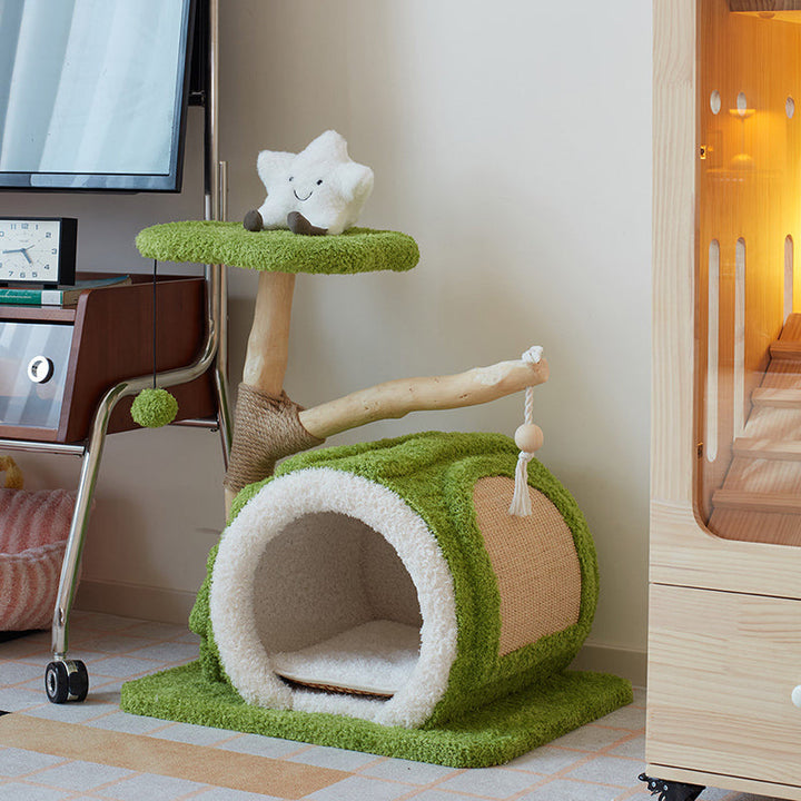 Contemporary Creative Round Multi-Layer Solid Wood Panel Natural Fruitwood Velvet Fabric Sisal Cat Tree 2-Tier For Living Room