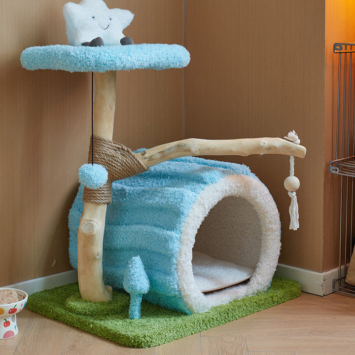 Contemporary Creative Round Multi-Layer Solid Wood Panel Natural Fruitwood Velvet Fabric Sisal Cat Tree 2-Tier For Living Room